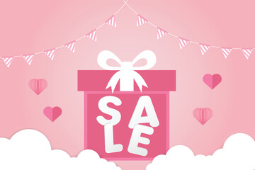 Valentine's Day horizontal banner template in paper style with space for text and can be used for sale sale tag.