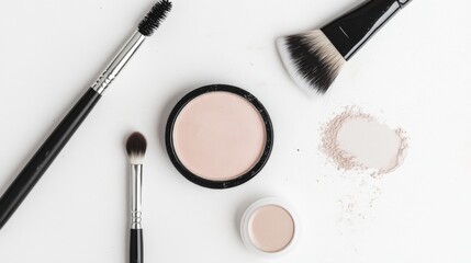 Flat lay of makeup powder, brushes, and spilled powder on white background.