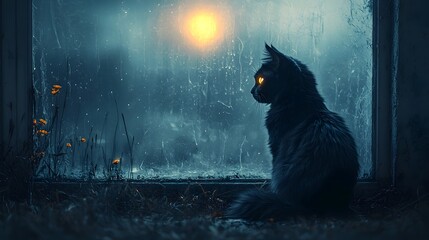 Enigmatic Black Cat with Glowing Eyes Sitting in Front of a Dark Empty House in Faint Moonlight