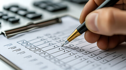 Professional reviewing tax filing checklist with pen in hand