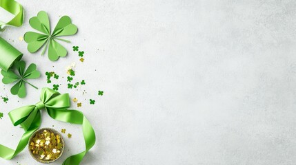 A pot filled with gold and surrounded by bright shamrocks and green ribbon, a background for St. Patricks Day