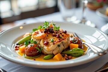 Gourmet Pan Seared Fish Dish with Roasted Vegetables and Citrus Glaze