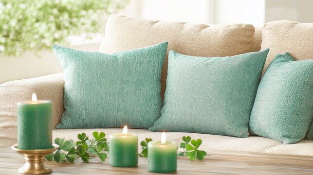 Warm and inviting living room adorned with green decorative pillows and candles for St. Patrick's Day festivities