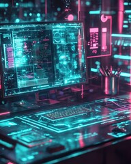AR futuristic workspace poster, interactive holographic interfaces, glowing tech elements, and sleek tones