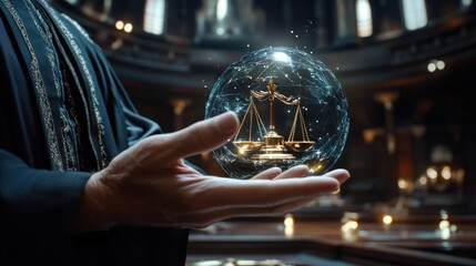 A man is holding a golden scale in his hand