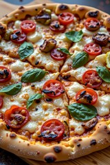 Delicious Homemade Pizza with Melted Cheese Tomatoes and Basil