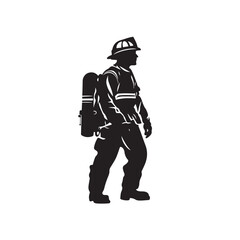 Silhouette of a Firefighter Standing and Preparing - Vector Illustration