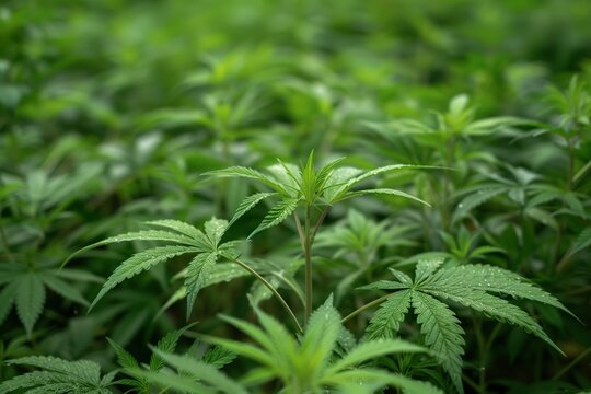 Close-up of healthy young cannabis plants in a field.