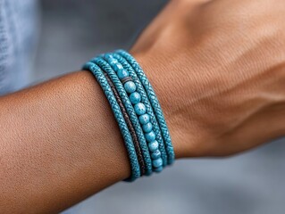 A woman wearing a blue leather wrap bracelet on her arm