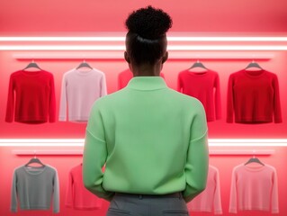 A person admires colorful sweaters displayed against a vibrant backdrop, showcasing a mix of styles in a modern shopping environment.