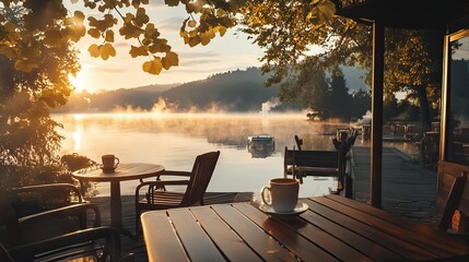 Serene Lakeside Sunrise: A cup of coffee rests on a wooden table overlooking a misty lake at sunrise.  The warm light bathes the scene in tranquility, inviting viewers to savor the moment. 