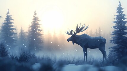 Background image of a moose in its natural habitat, captured amidst beautiful untouched forest scenery, style book illustration