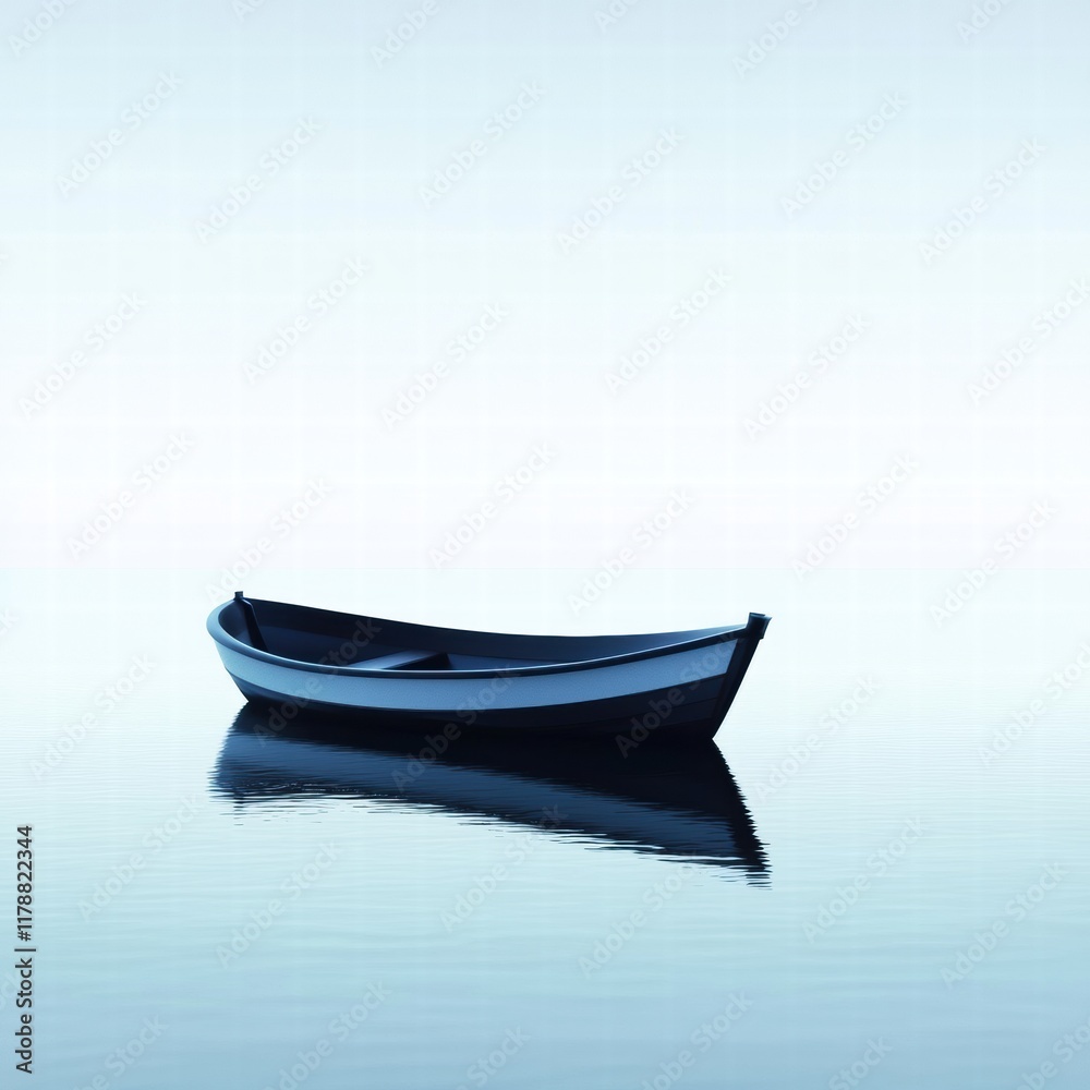 Fototapete calm water reflecting a simple boat silhouette with space for text and design. generative ai