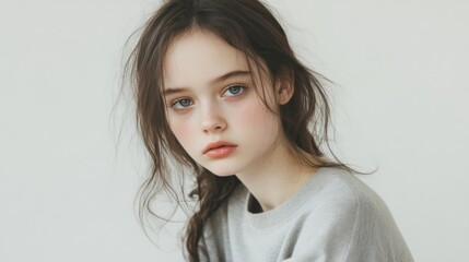 Fototapeta premium Portrait of a young girl with long brown hair and blue eyes, wearing a grey sweater against a white background.