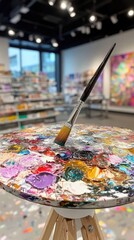 Vibrant Palette in Art Studio: Paintbrush and Color Mixing in Creative Workspace