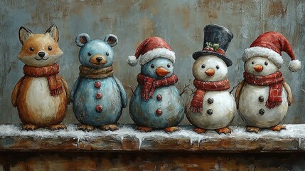 A festive display of whimsical animals in winter attire on a snowy ledge.