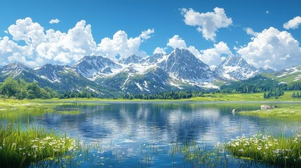 Fototapeta premium Majestic Mountain Lake Landscape: Serenity and Tranquility in Nature's Embrace