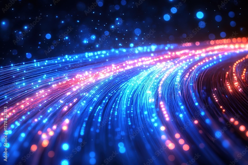 Poster an abstract technological background featuring a futuristic display of internet fiber effects, creat