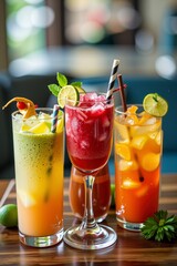 Fototapeta premium Refreshing Summer Cocktails Three Iced Drinks with Fruit Garnishes