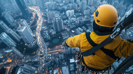 Fototapeta premium High-Rise Urban Adventure: Exciting Cityscape View from a Skyscraper Climber