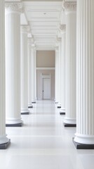 Obraz premium A spacious gallery corridor featuring elegant white columns and plain walls. This serene setting provides a minimalist backdrop ideal for text and artistic displays.