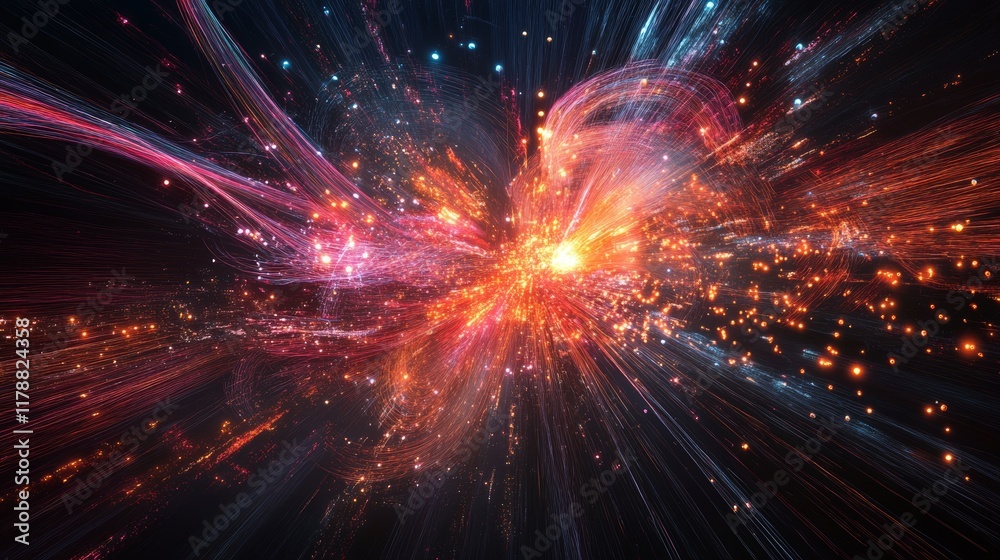 Poster dynamic visualization of big data network concepts with abstract light trails and digital particles