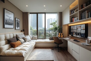 Fototapeta premium Modern home office nook with built-in white cabinets, desk, chair, bookshelf, guitar, and window view to the balcony. Neutral color palette and architectural design.