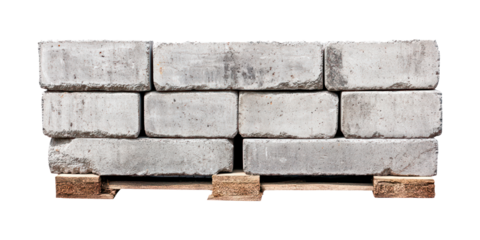 Stack of foam concrete lightweight bricks on wooden pallet. Isolated on transparent background.