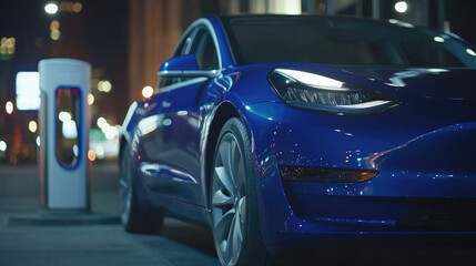 Electric Car Charging at Night in Urban Environment with Modern LED Lighting