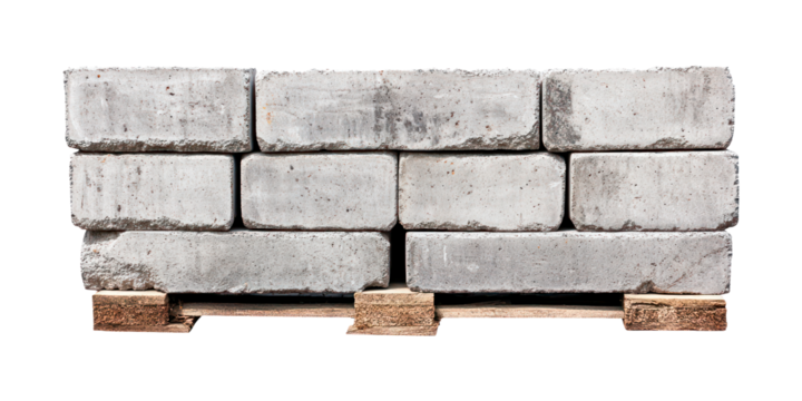 Stack of foam concrete lightweight bricks on wooden pallet. Isolated on transparent background.