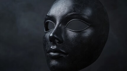 Close-up of a black stone mask with hollow eyes, set against a dark background, creating a mysterious and enigmatic atmosphere.