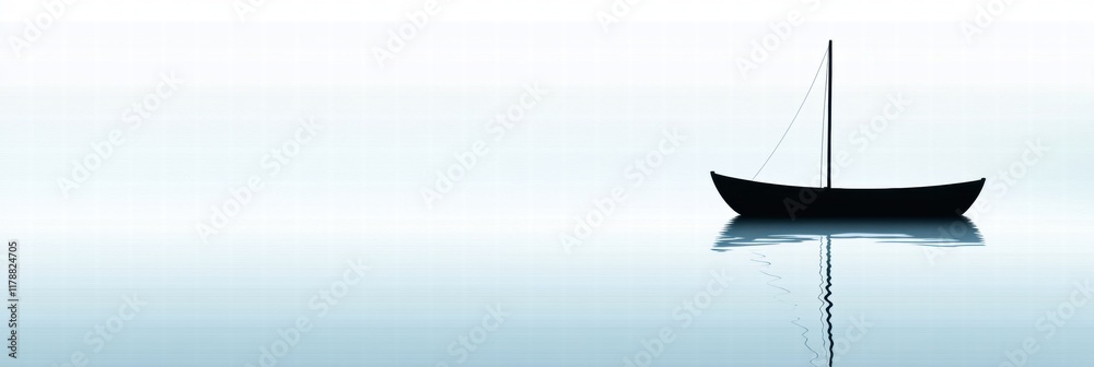 Aufkleber simple boat silhouette on calm water with soft reflections and ample copy space for creative design.