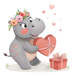 Obraz premium Cute cartoon baby pygmy hippo with flower crown whimsical art, isolated on white or transparent background