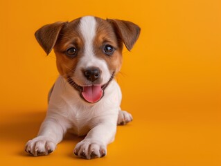 Adorable Jack Russell Puppy Lying on Bright Orange Background