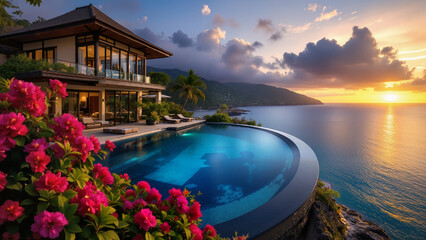 Obraz premium Luxury oceanfront villa with infinity pool at sunset. Stunning tropical view.
