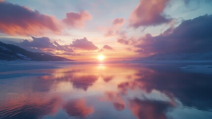 Fototapeta premium A breathtaking winter sunset over a peaceful lake, with the reflection of colorful clouds on the icy surface.