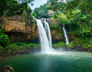 A stunning scenic view of a waterfall, cascading down rocks into a serene pool below