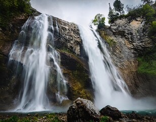 Fototapeta premium A stunning scenic view of a waterfall, cascading down rocks into a serene pool below
