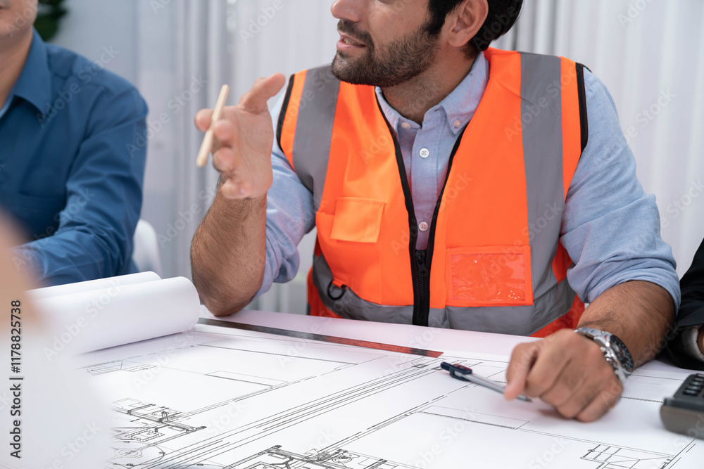 Poster diverse group of civil engineer and client working together on architectural project, reviewing cons