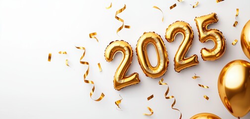 A festive arrangement featuring golden balloons and the year "2025," surrounded by colorful confetti, perfect for New Year's celebrations.