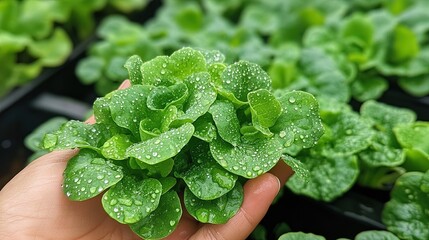 Hand holding fresh hydroponically grown lettuce, water droplets on green leaves