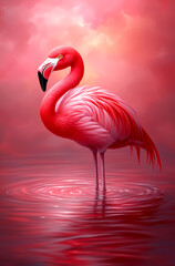 A pink flamingo stands in a body of water. The water is red, and the flamingo is the only object in the scene. The image has a calm and peaceful mood