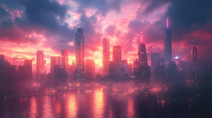 Fototapeta premium Futuristic Neon Lit City Skyline Emerging from the Darkness
