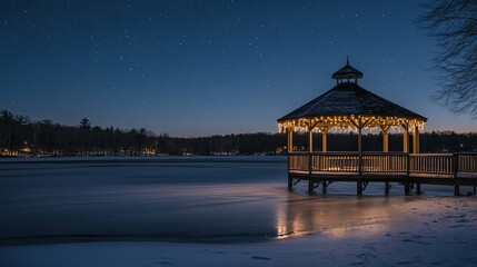 Obraz premium Winter Wonderland Gazebo: A serene lakeside scene illuminated by the warm glow of string lights. The gazebo stands proudly on a frozen lake, surrounded by a blanket of snow under a star-studded sky.
