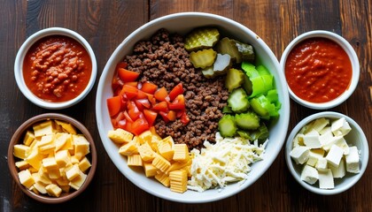 Colorful Sloppy Joe Bowl with Ground Beef, Toppings and Fresh Vegetables on Rustic Wood Table