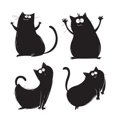 Set of Cute Cartoon Black Cats - Vector Illustration