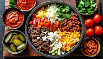 Colorful Bowl with Ground Meat, Fresh Vegetables and Tasty Sauces for Homemade Sloppy Joe Dish