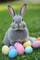 Adorable Bunny with Colorful Easter Eggs on Green Grass
