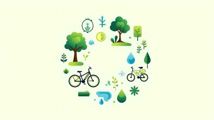 Colorful icons representing health, nature, and sustainability focused on a clean living environment