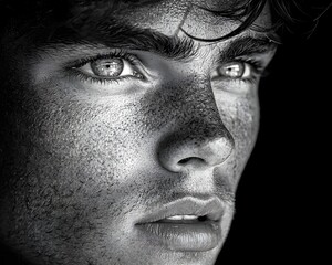 Obraz premium Intense and Determined Young Man Serious Black and White Portrait